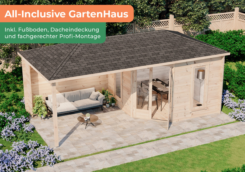 Premium Set 5-Eck Gartenhaus Liwa mit Terrasse inkl. Montage aus Holz Nat - Bild 5 von 5