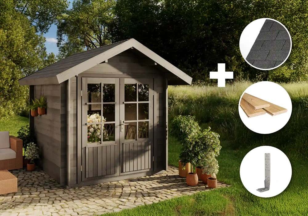 35 % Rabatt: ECO Set – Gartenhaus Palma – grau 9m² 35 % Rabatt: ECO Set – Gartenhaus Palma – grau 9m²