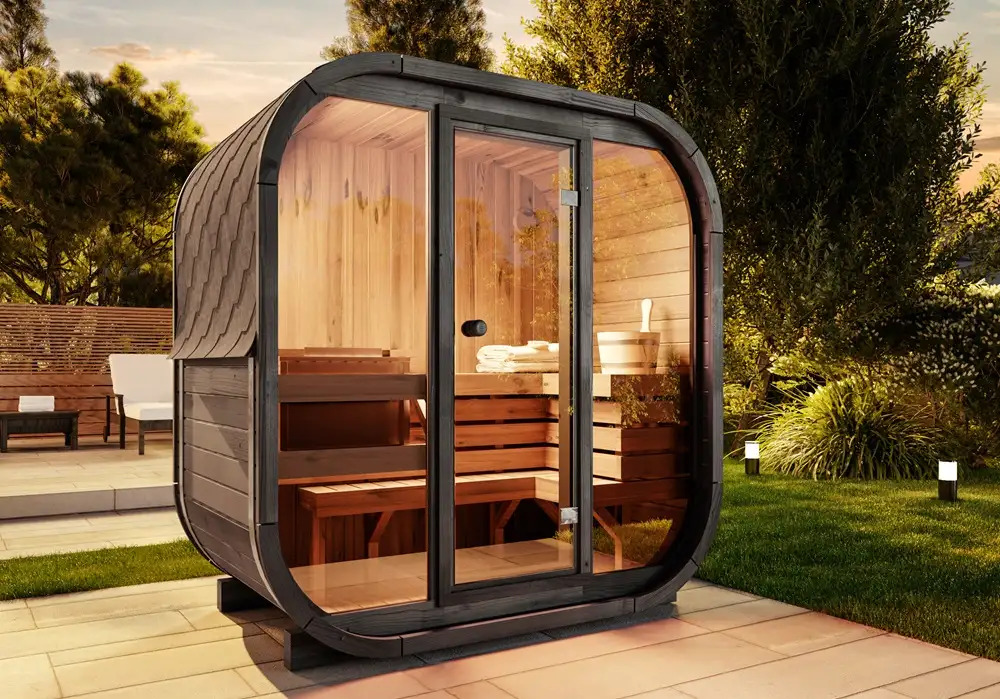 Rabatt: 25 % B-Ware FinnTherm Fasssauna Ellipso M black (vormontiert + Terrasse) 2m²