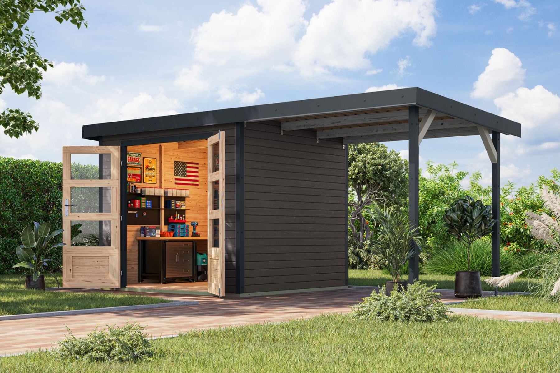 Karibu Holz/Metall Gartenhaus Kalypso 5,3 m² mit Anbau Grau/Anthrazit
