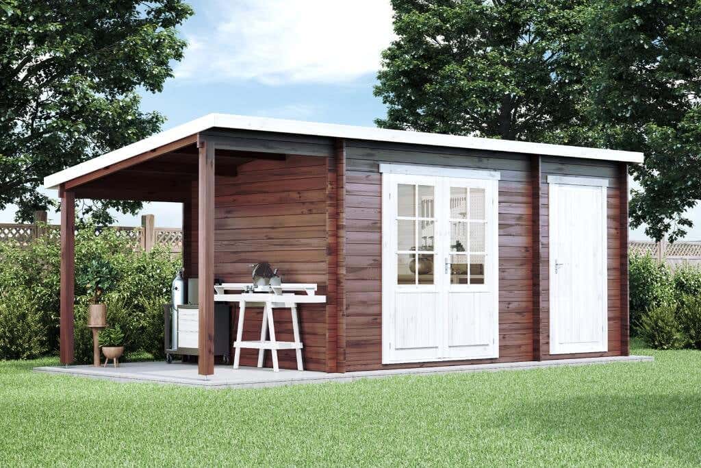 12 % Rabatt: Pultdach Gartenhaus Maria mit Anbau & Schleppdach 18m² 12 % Rabatt: Pultdach Gartenhaus Maria mit Anbau & Schleppdach 18m²