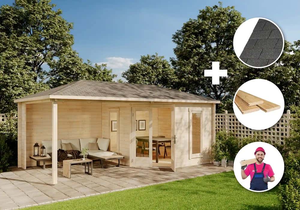 Premium Set 5-Eck Gartenhaus Liwa mit Terrasse inkl. Montage