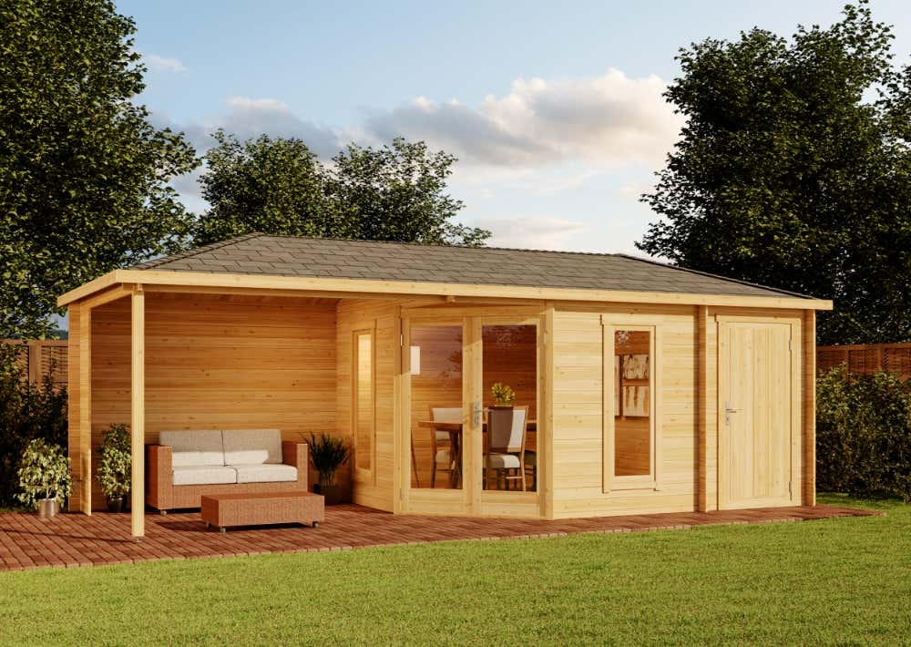 B-Ware 5-Eck Gartenhaus Liwa mit Anbau - Mit Imprägnierung (Pinie) 40 mm Wandstärke|7x3m|Rabatt:25% B-Ware 5-Eck Gartenhaus Liwa mit Anbau - Mit Imprägnierung (Pinie) 40 mm Wandstärke|7x3m|Rabatt:25%