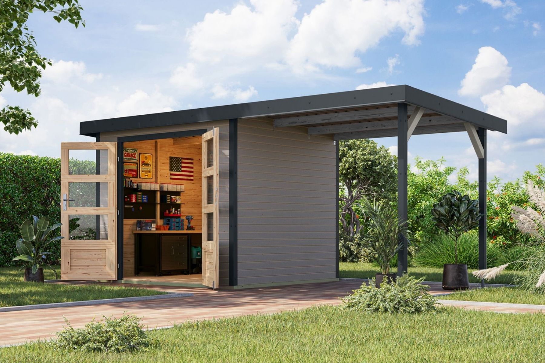 Karibu Holz/Metall Gartenhaus Kalypso 5,9 m² mit Anbau Hellgrau/Anthrazit