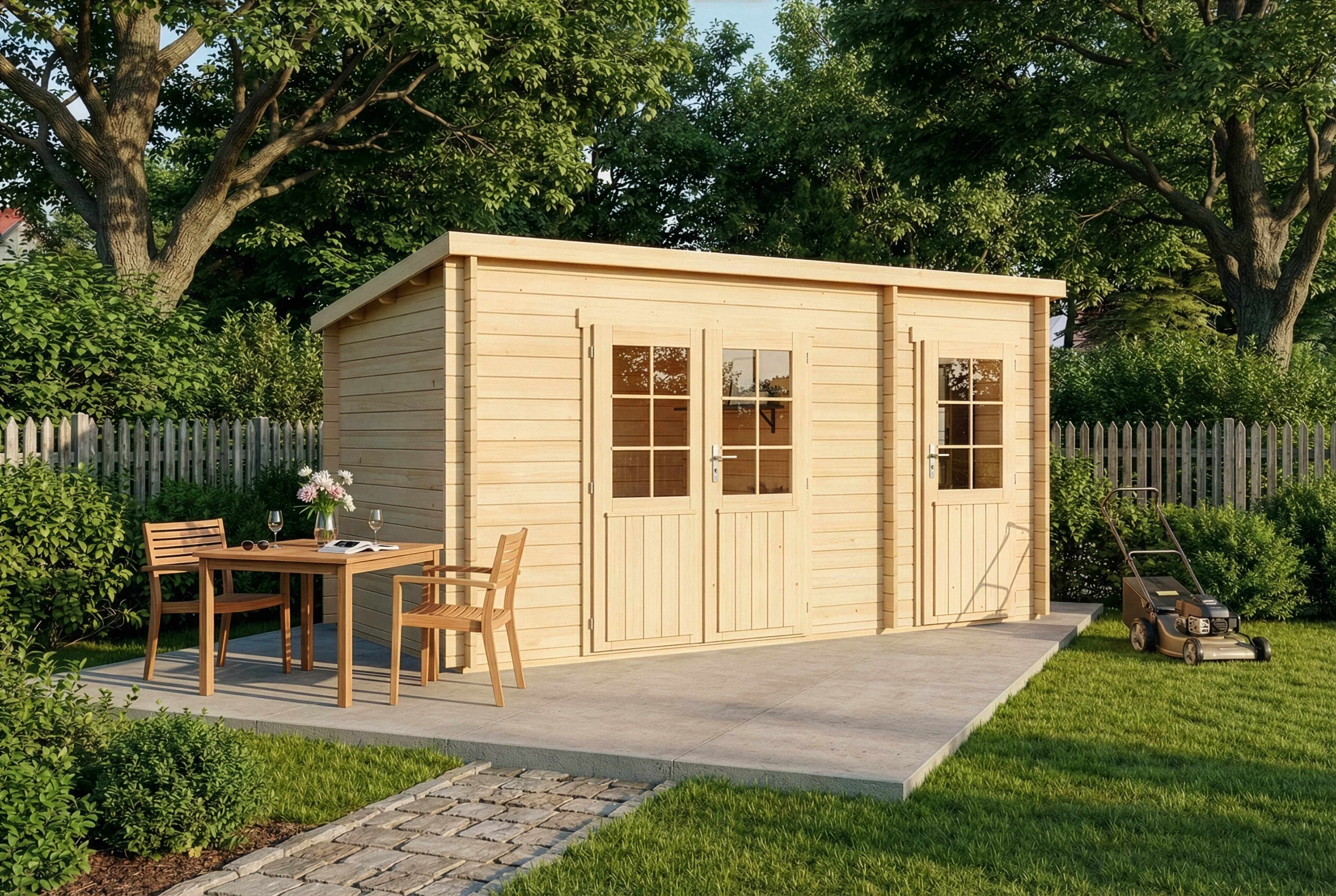 13% Discount! Pultdach Gartenhaus Maria mit Anbau 13% Discount! Pultdach Gartenhaus Maria mit Anbau