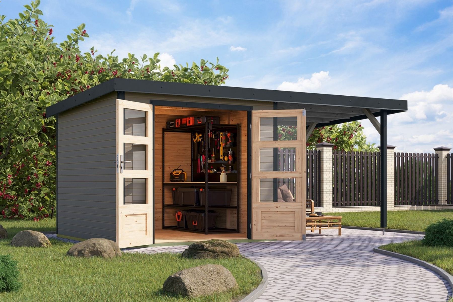 Karibu Holz/Metall Gartenhaus Kalypso 6,6 m² mit Anbau Hellgrau/Anthrazit