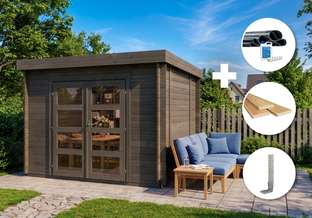 7% Rabatt! ECO Set - Gartenhaus Paloma Sol - grau | 3x3m