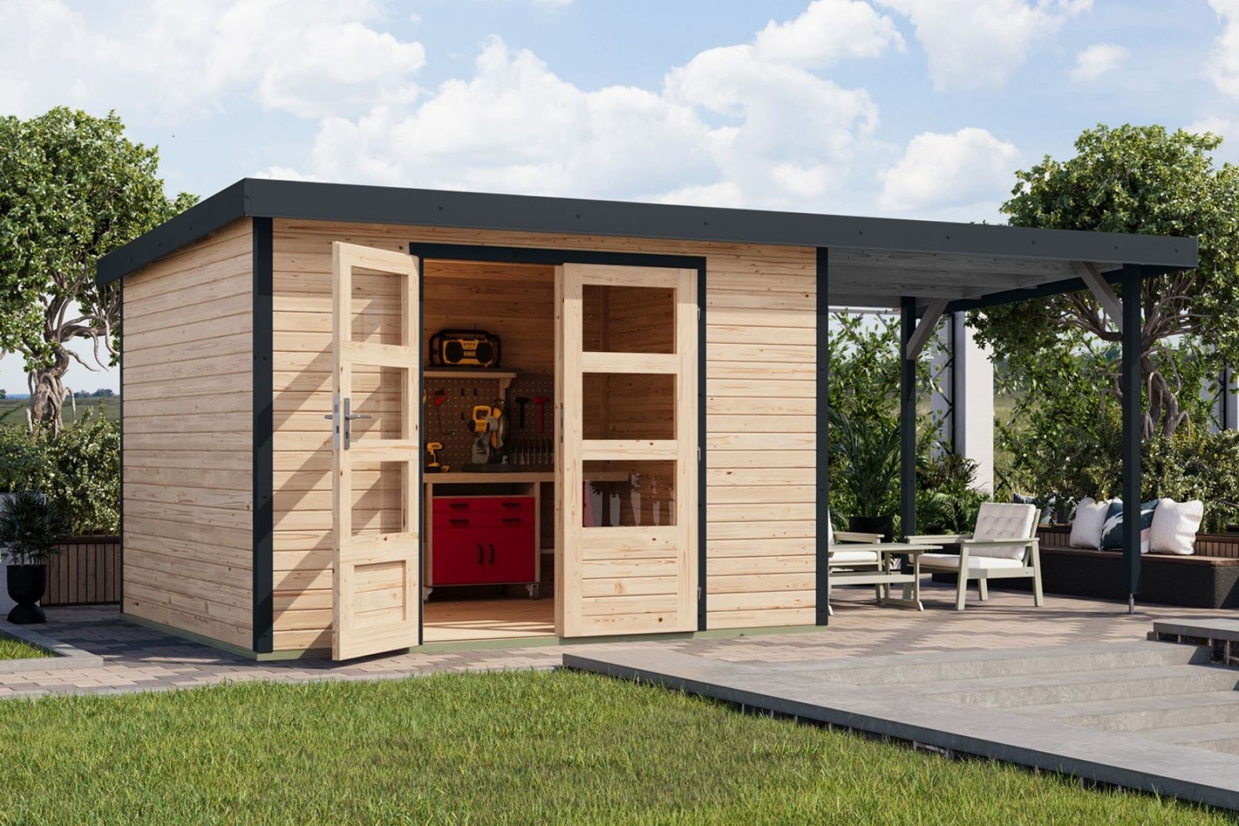 Karibu Holz/Metall Gartenhaus Kalypso 7,3 m² mit Anbau Natur/Anthrazit