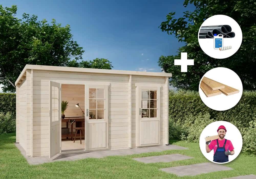 Premium Set Gartenhaus Maria 9,8m² mit Anbau inkl. Montage | 5x3m | Restposten 11% Rabatt Premium Set Gartenhaus Maria 9,8m² mit Anbau inkl. Montage | 5x3m | Restposten 11% Rabatt