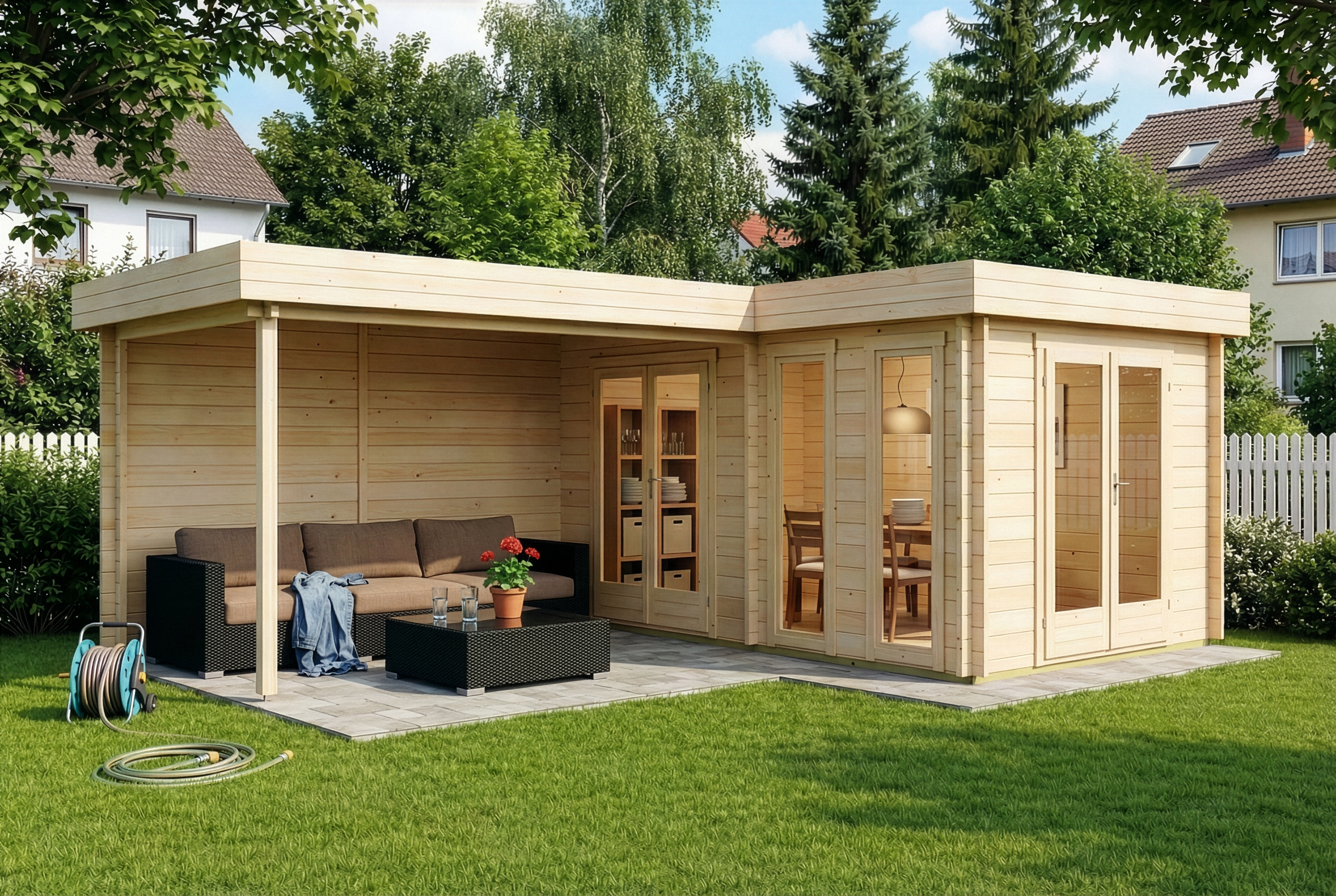 Flachdach Gartenhaus Quinta | 7x5m | Restposten 20% Rabatt Flachdach Gartenhaus Quinta | 7x5m | Restposten 20% Rabatt