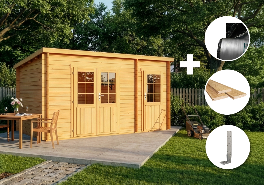 ECO Set – Pultdach Gartenhaus Maria mit Anbau – imprägniert