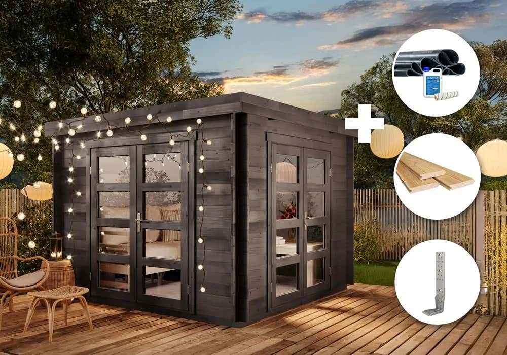 Rabatt: 35 % ECO Set – Holz-Gartenhaus Paloma Beach – grau 9m² Rabatt: 35 % ECO Set – Holz-Gartenhaus Paloma Beach – grau 9m²