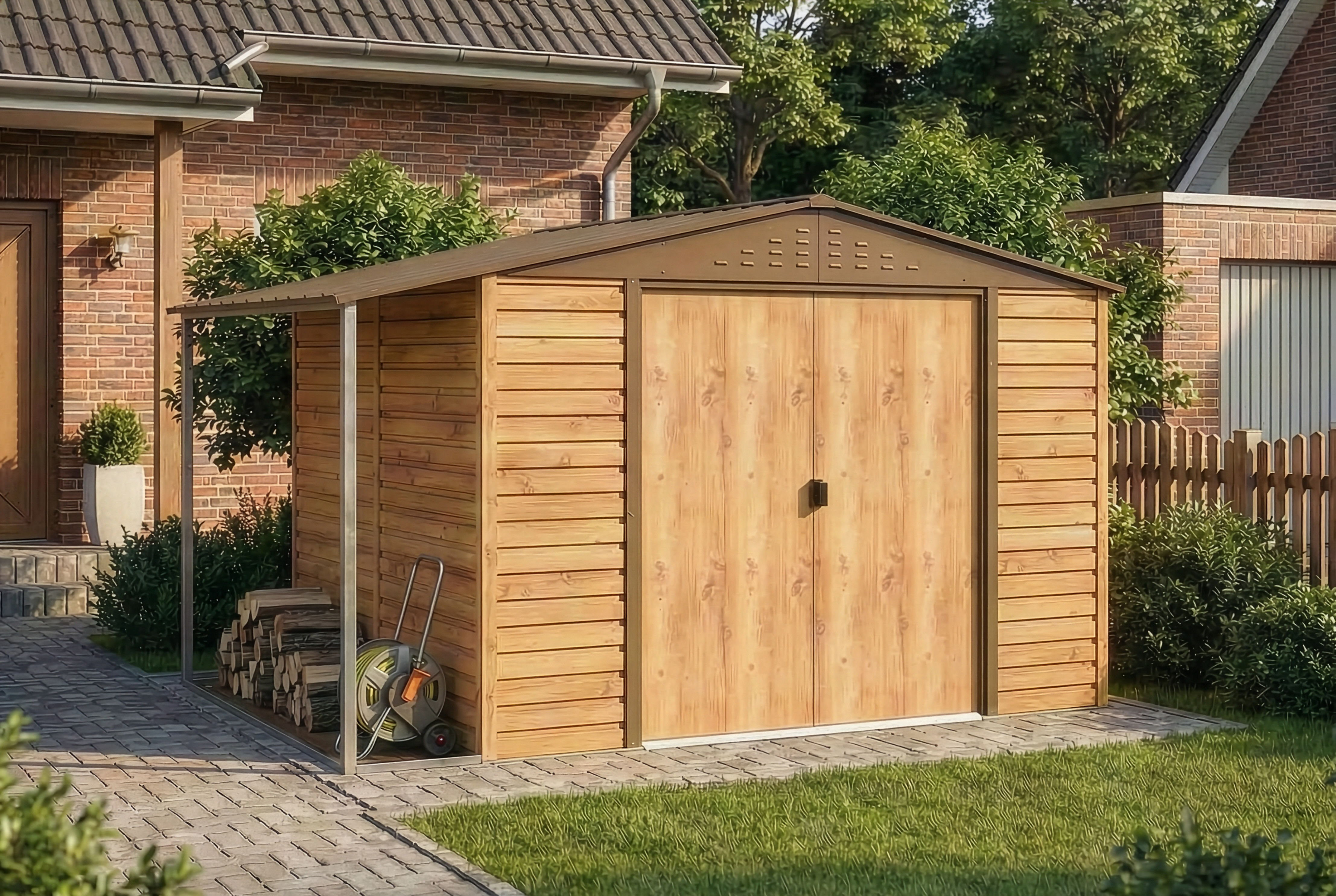 DURAMAX Metall-Gerätehaus Alpine 3x2,4m Holzoptik mit Anbau