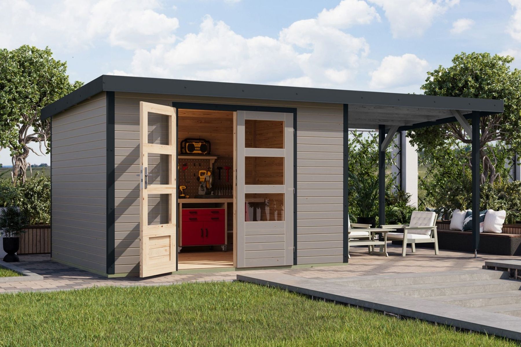 Karibu Holz/Metall Gartenhaus Kalypso 7,3 m² mit Anbau Hellgrau/Anthrazit