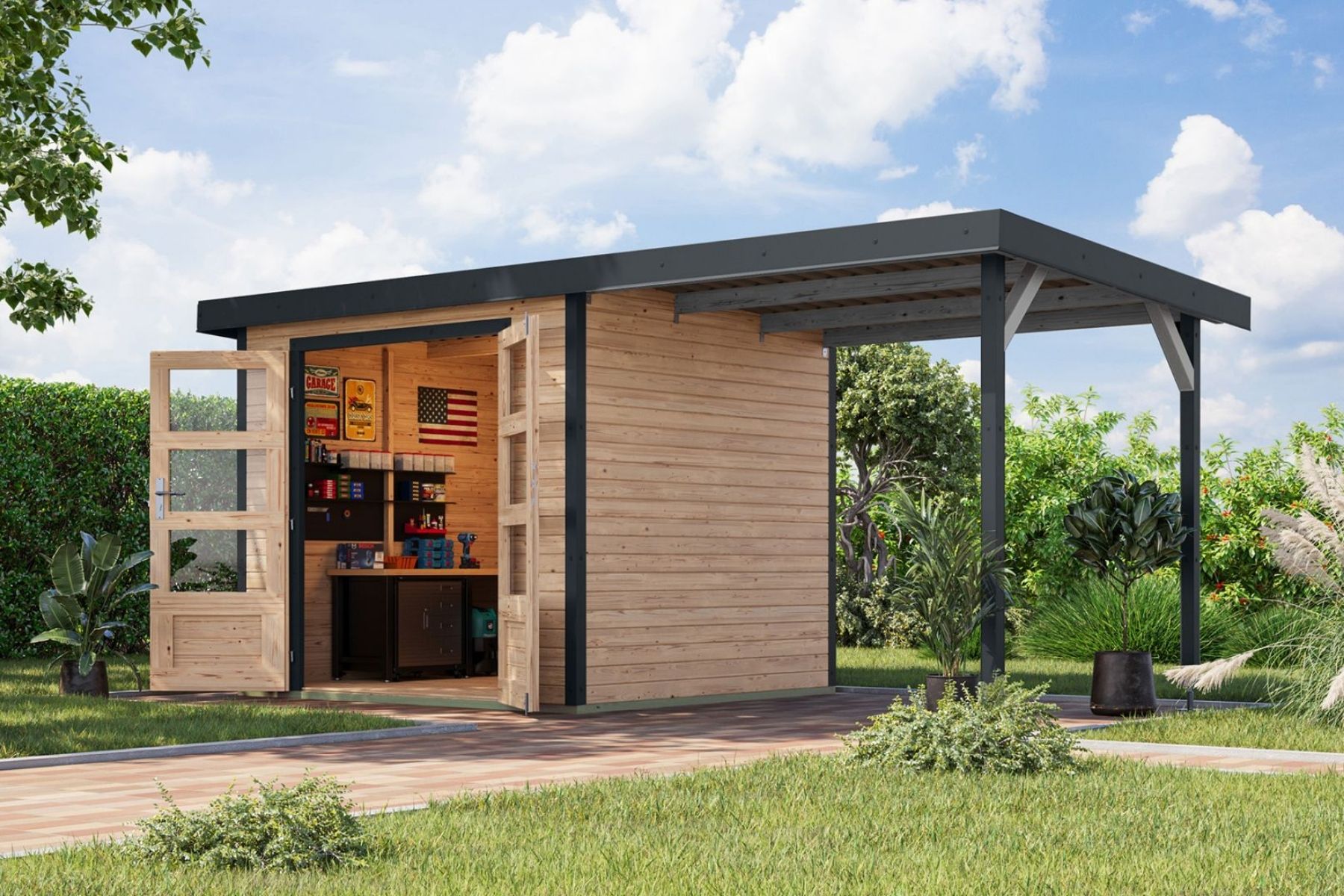 Karibu Holz/Metall Gartenhaus Kalypso 5,9 m² mit Anbau Natur/Anthrazit