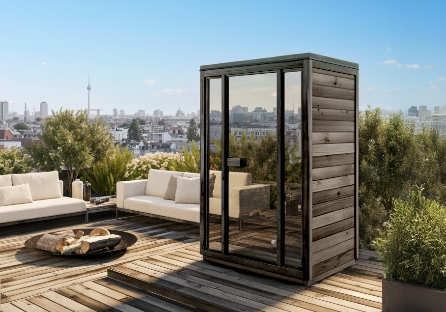 FinnTherm Gartensauna Kuuma S Black Mit Spiegelglas