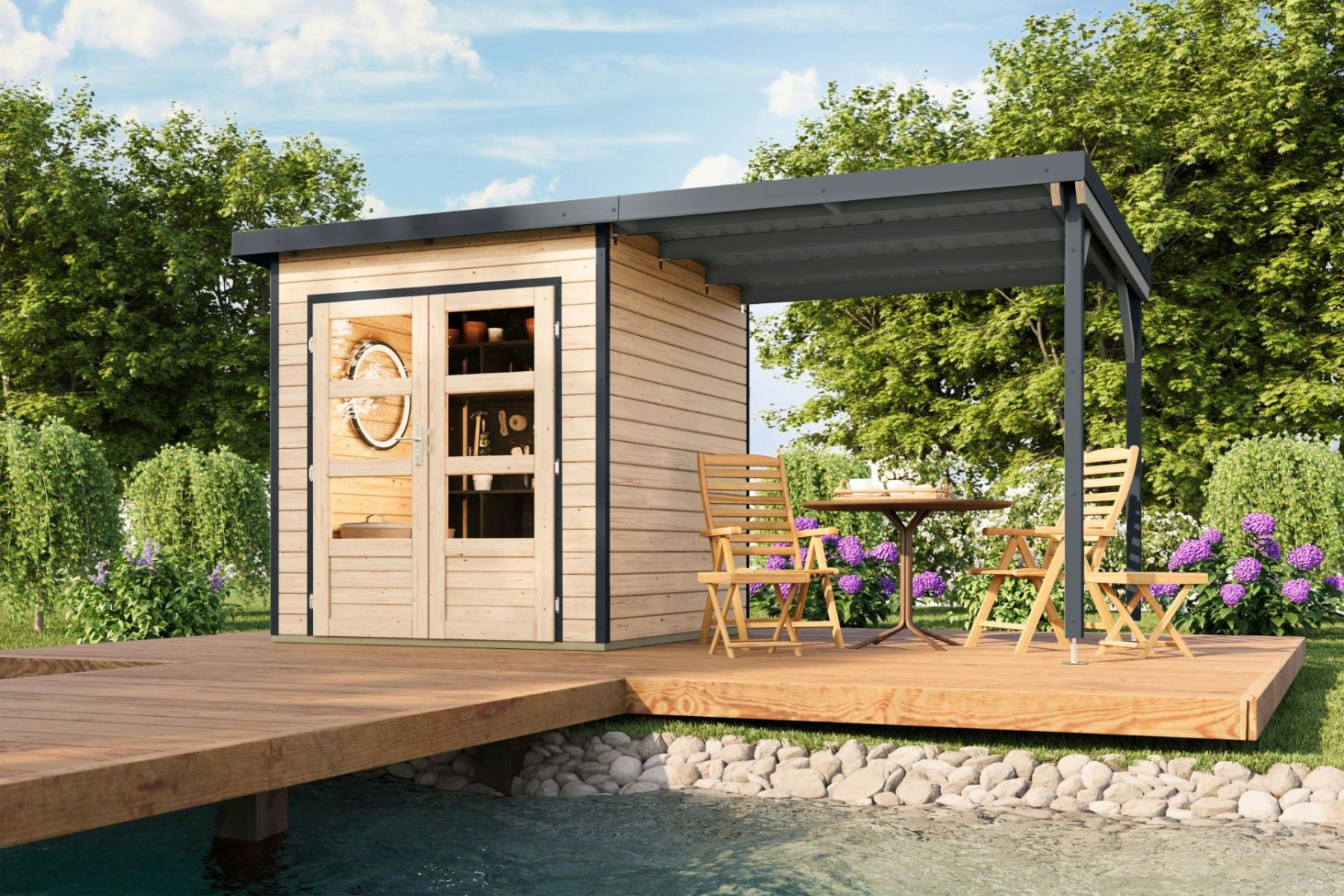 Karibu Holz/Metall Gartenhaus Pleione 4,2 m² mit Anbau Natur/Anthrazit