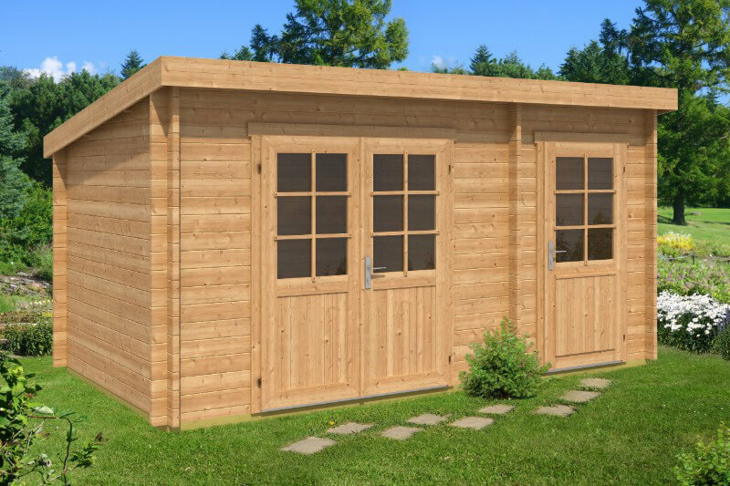 B-Ware Pultdach Gartenhaus Maria mit Anbau - Mit Imprägnierung (Pinie) 40 mm Wandstärke