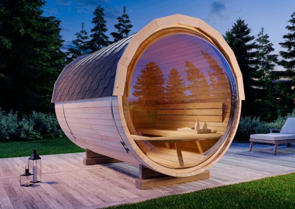 Rabatt: 46 % B-Ware FinnTherm Fasssauna Panorama – naturbelassen 4m² Rabatt: 46 % B-Ware FinnTherm Fasssauna Panorama – naturbelassen 4m²