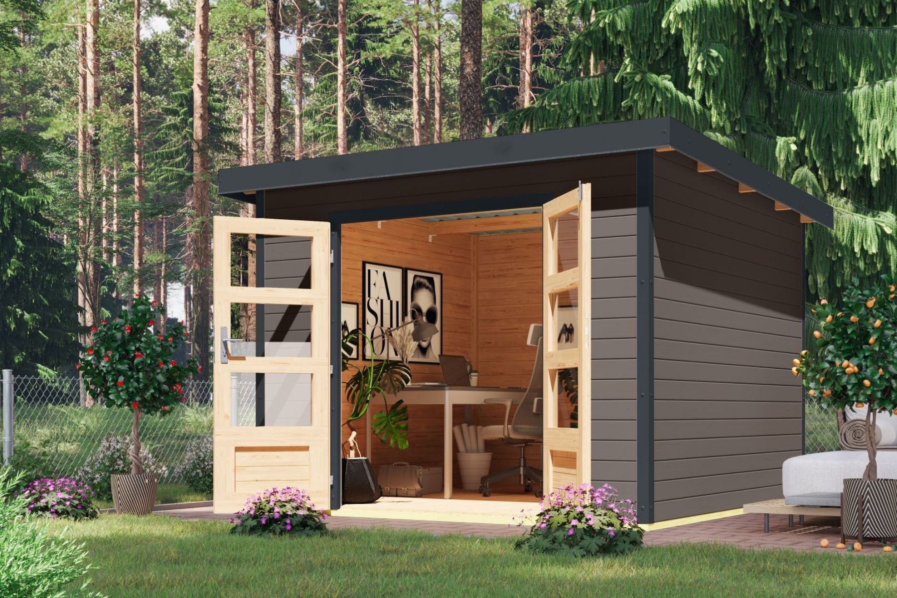 Karibu Holz/Metall Gartenhaus Pleione 7,3 m² Grau/Anthrazit