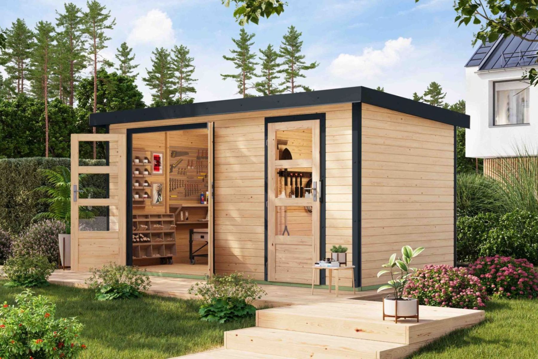 Karibu Holz/Metall Gartenhaus Melia 8,8 m² Natur/Anthrazit