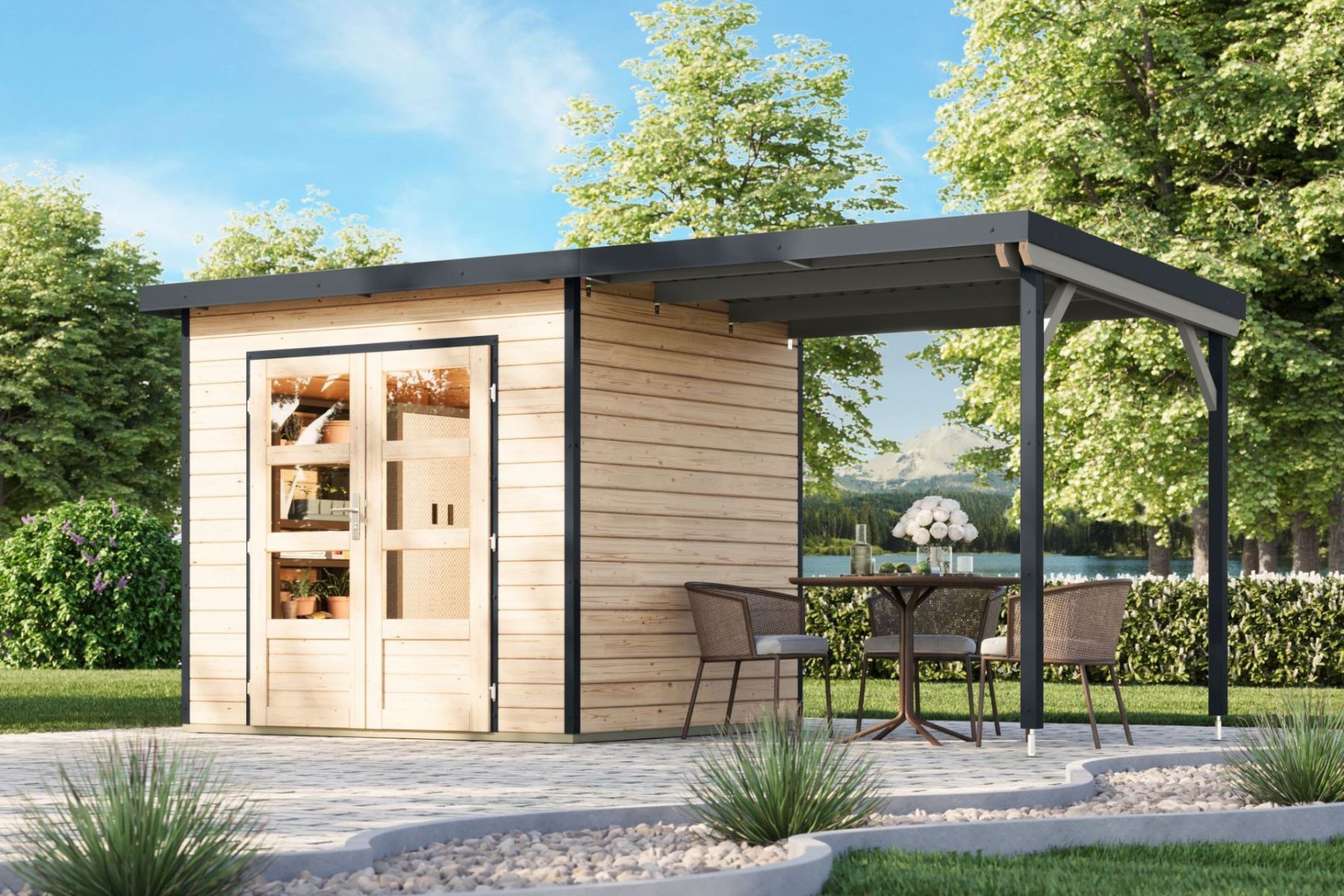 Karibu Holz/Metall Gartenhaus Pleione 5 m² mit Anbau Natur/Anthrazit
