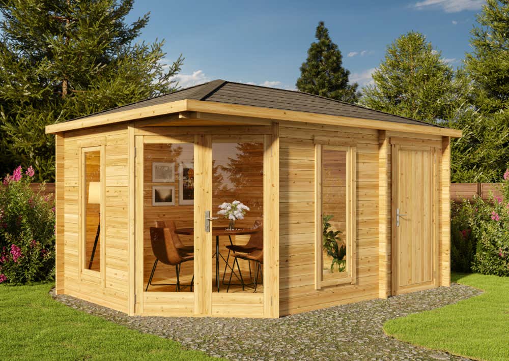 20 % Rabatt: 5-Eck Gartenhaus Liwa Compact mit Anbau 15m² 20 % Rabatt: 5-Eck Gartenhaus Liwa Compact mit Anbau 15m²