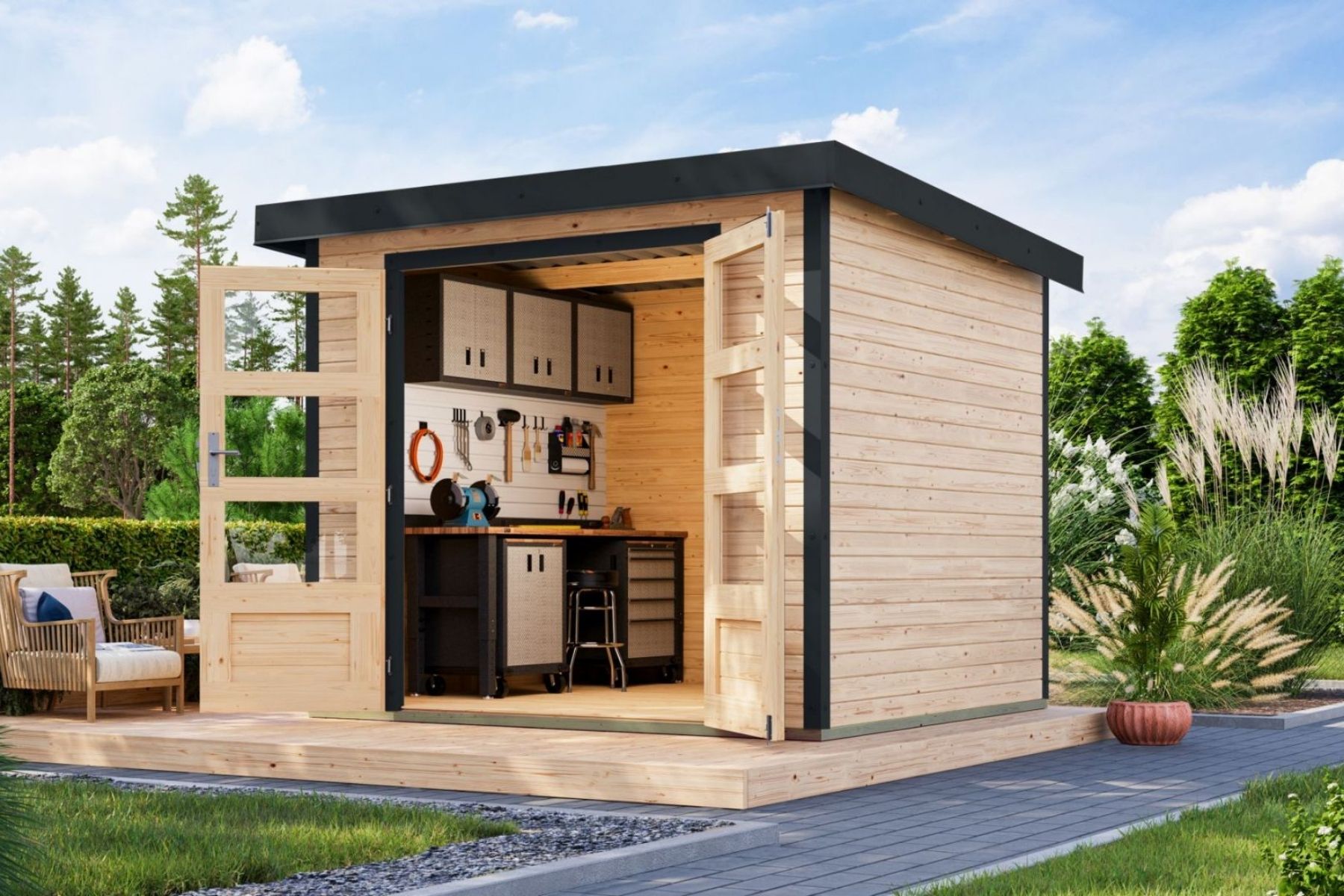 Karibu Holz/Metall Gartenhaus Kalypso 5,3 m² Natur/Anthrazit