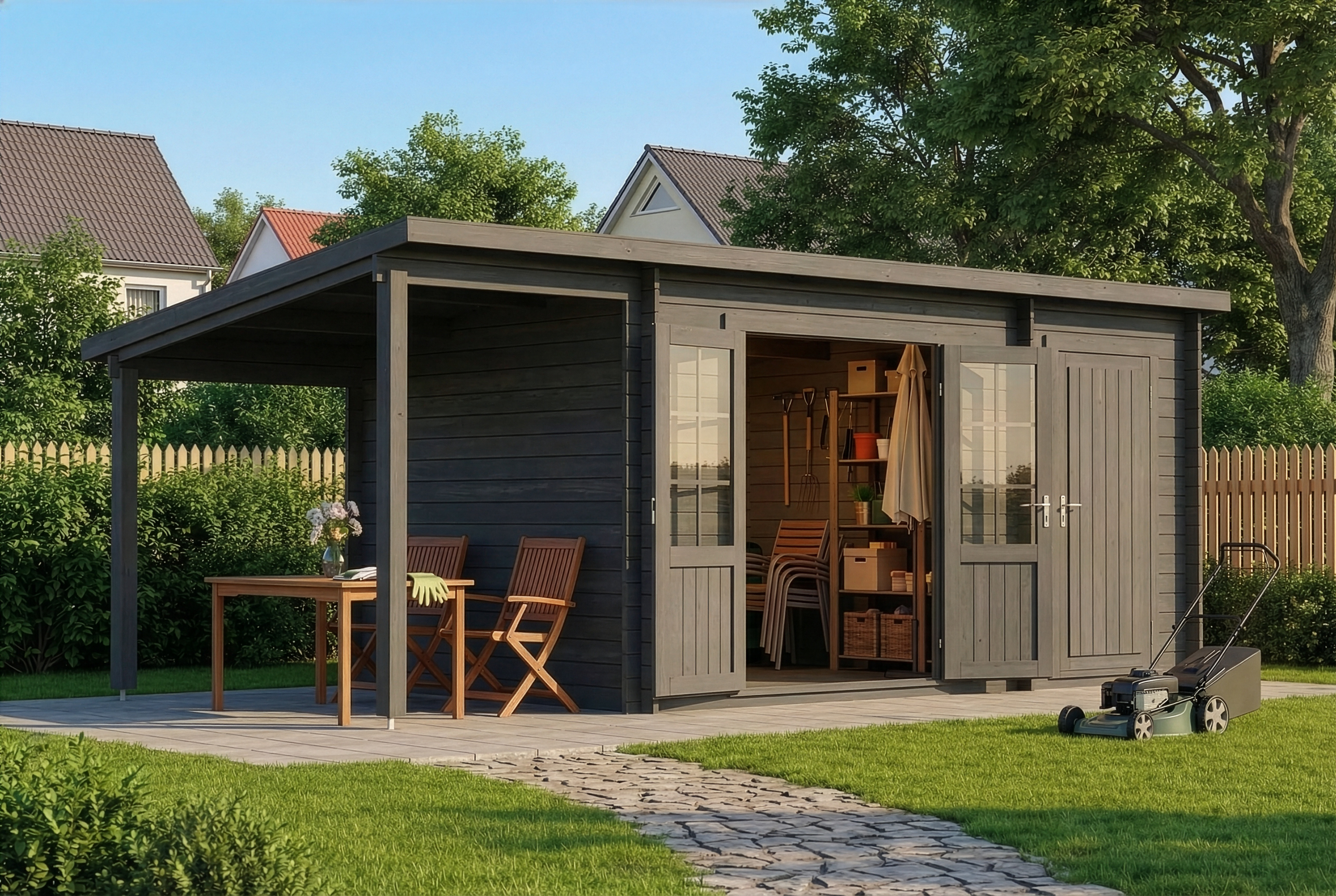 16 % Discount! Pultdach Gartenhaus Maria mit Anbau & Schleppdach|6x3m