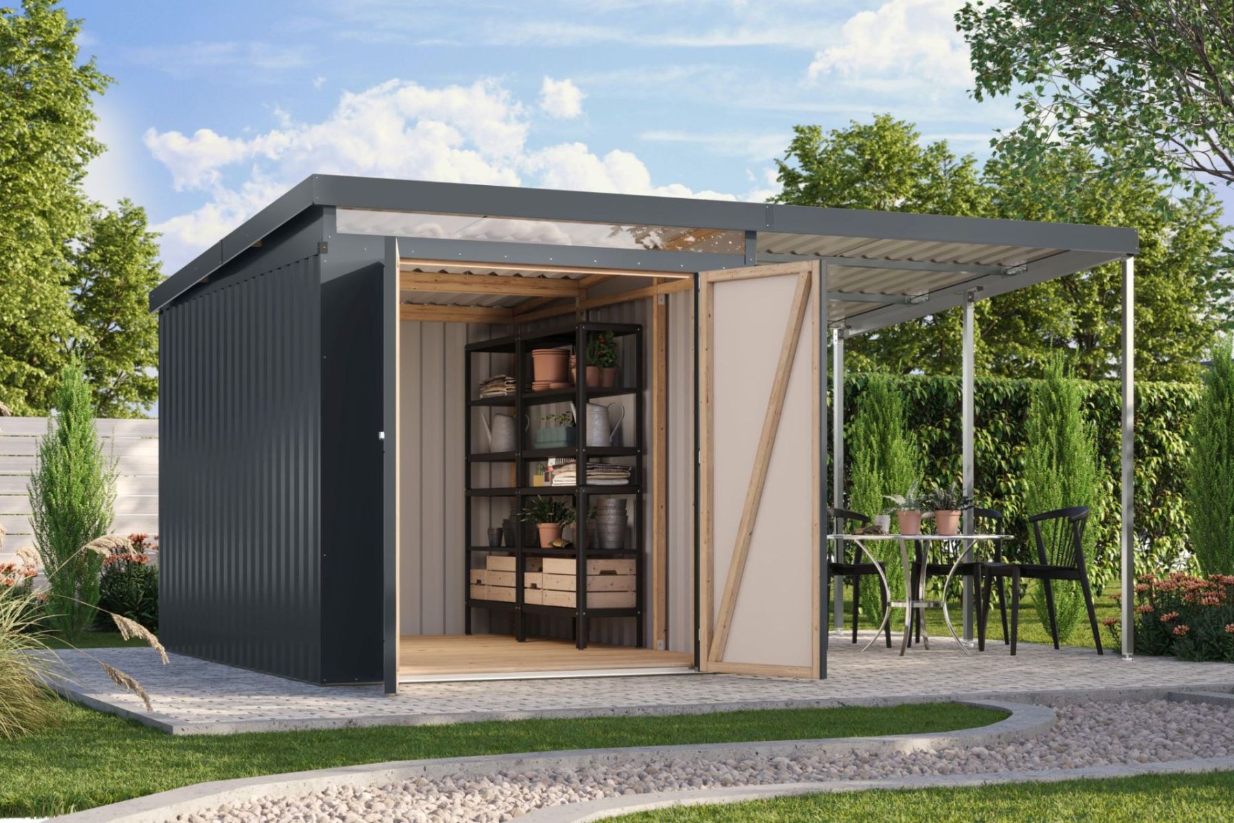 Karibu Metall Gartenhaus Iris 6,0 m² schmal mit Anbau