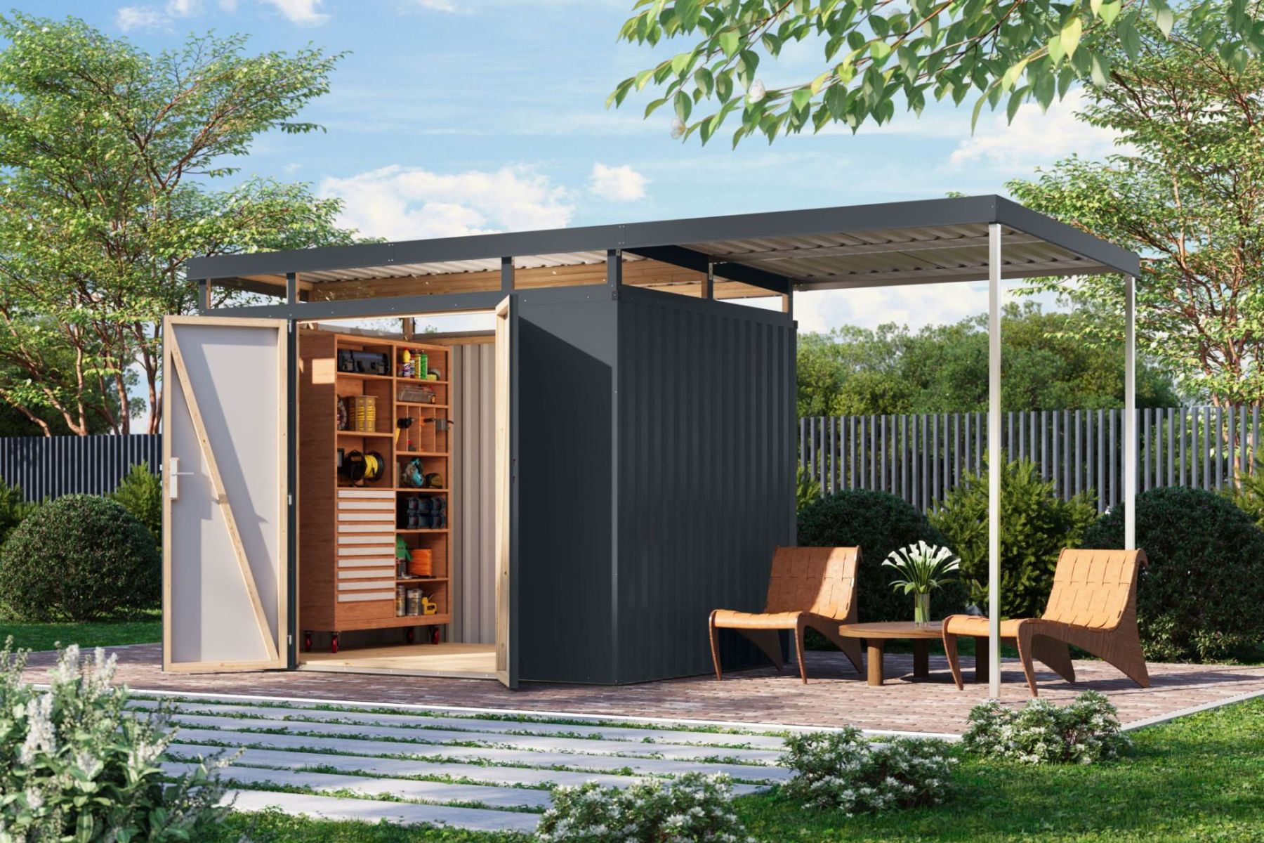 Karibu Metall Gartenhaus Asteria 6,0 m² breit mit Anbau