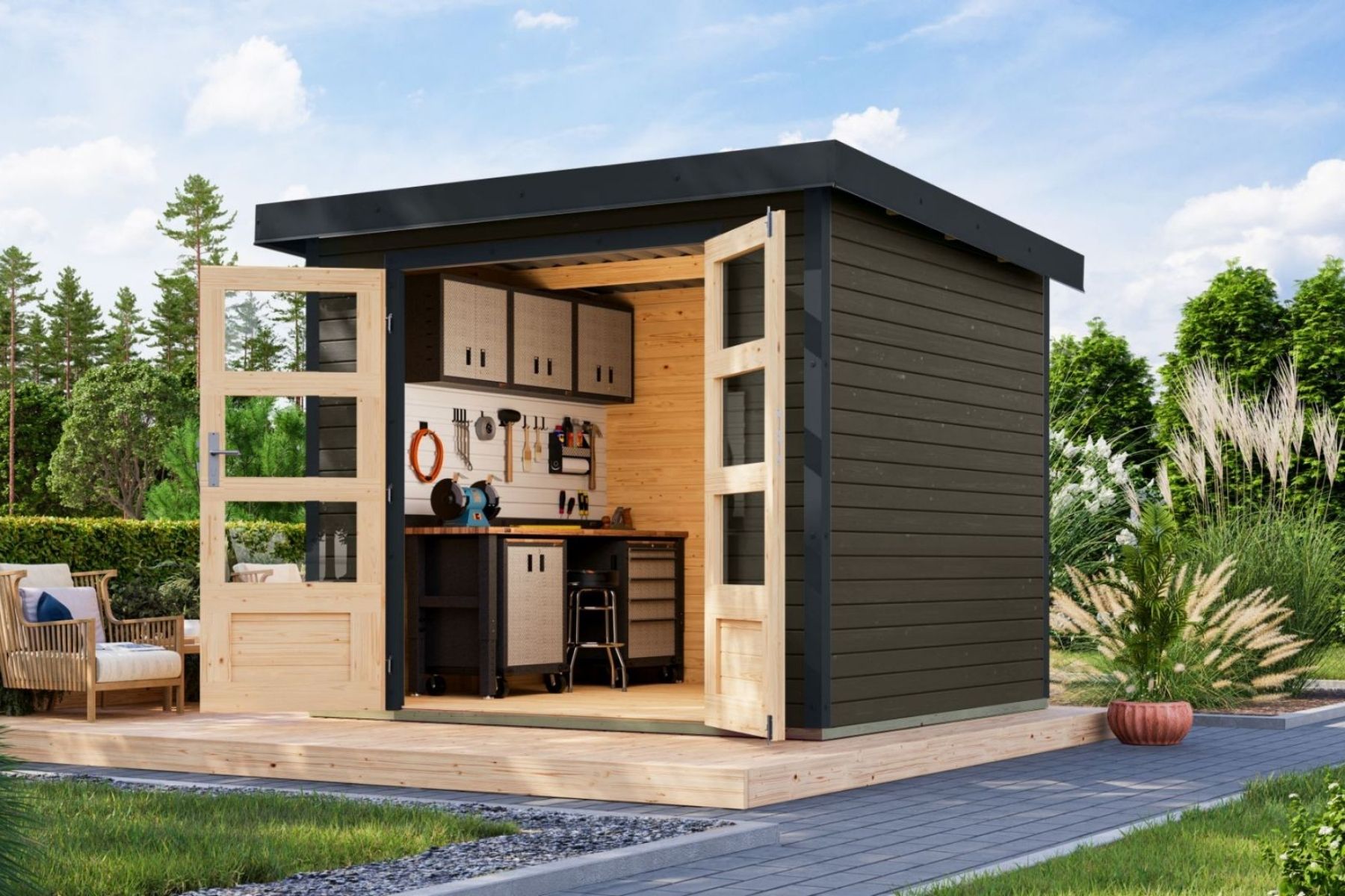 Karibu Holz/Metall Gartenhaus Kalypso 5,3 m² Grau/Anthrazit