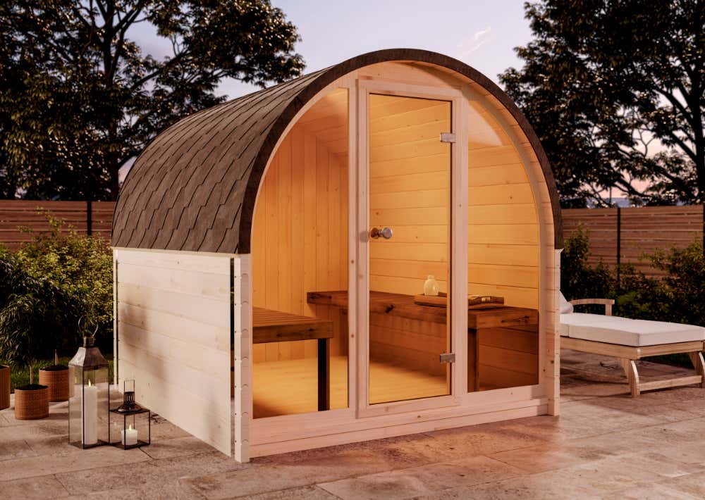 FinnTherm Fasssauna ScandiPod Comfort mit Glasfront