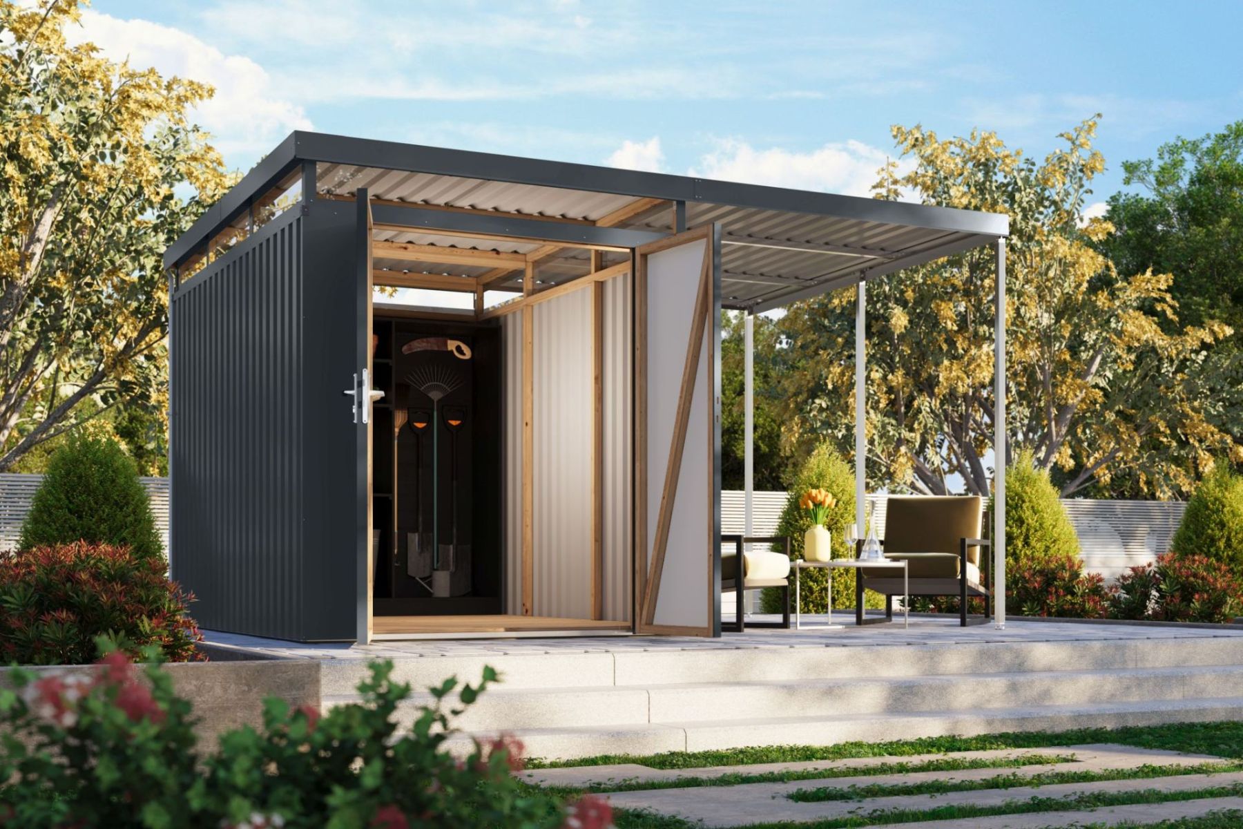 Karibu Metall Gartenhaus Asteria 6,0 m² schmal mit Anbau