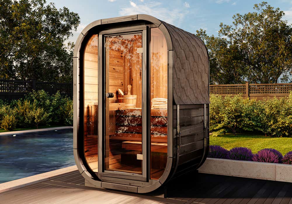 Rabatt: 30 % FinnTherm Fasssauna Ellipso S black (vormontiert + Terrasse) 1m² Rabatt: 30 % FinnTherm Fasssauna Ellipso S black (vormontiert + Terrasse) 1m²