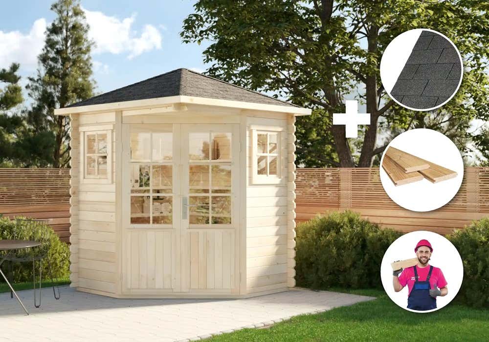 Premium Set 5-Eck Gartenhaus Sunny 2x2m inkl. Montage | 2x2m | Restposten 16% Rabatt Premium Set 5-Eck Gartenhaus Sunny 2x2m inkl. Montage | 2x2m | Restposten 16% Rabatt