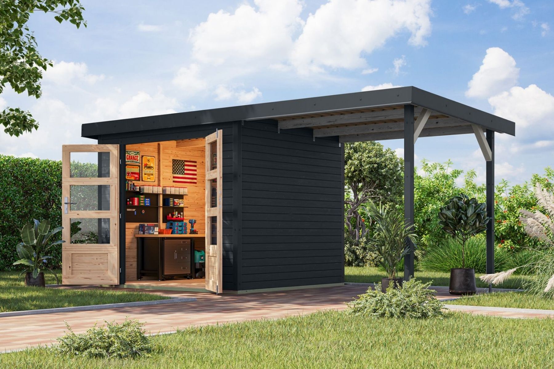 Karibu Holz/Metall Gartenhaus Kalypso 5,9 m² mit Anbau Anthrazit/Anthrazit