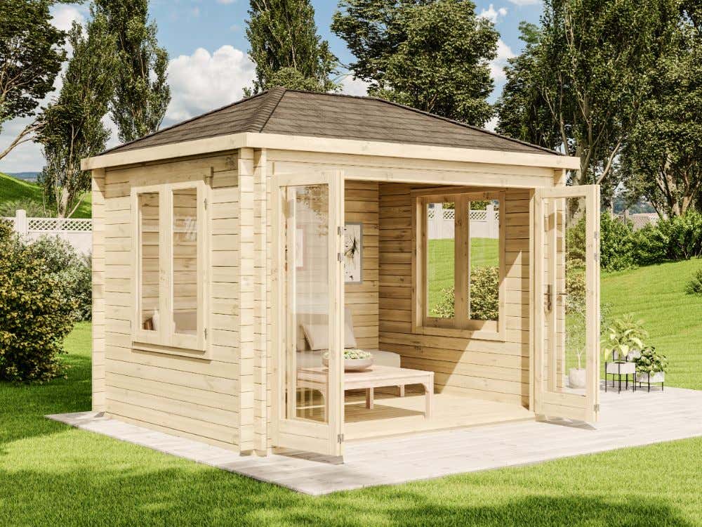 Rabatt: 22 % Holz-Gartenhaus Summertime 40 mit großer Falttür 9m² Rabatt: 22 % Holz-Gartenhaus Summertime 40 mit großer Falttür 9m²