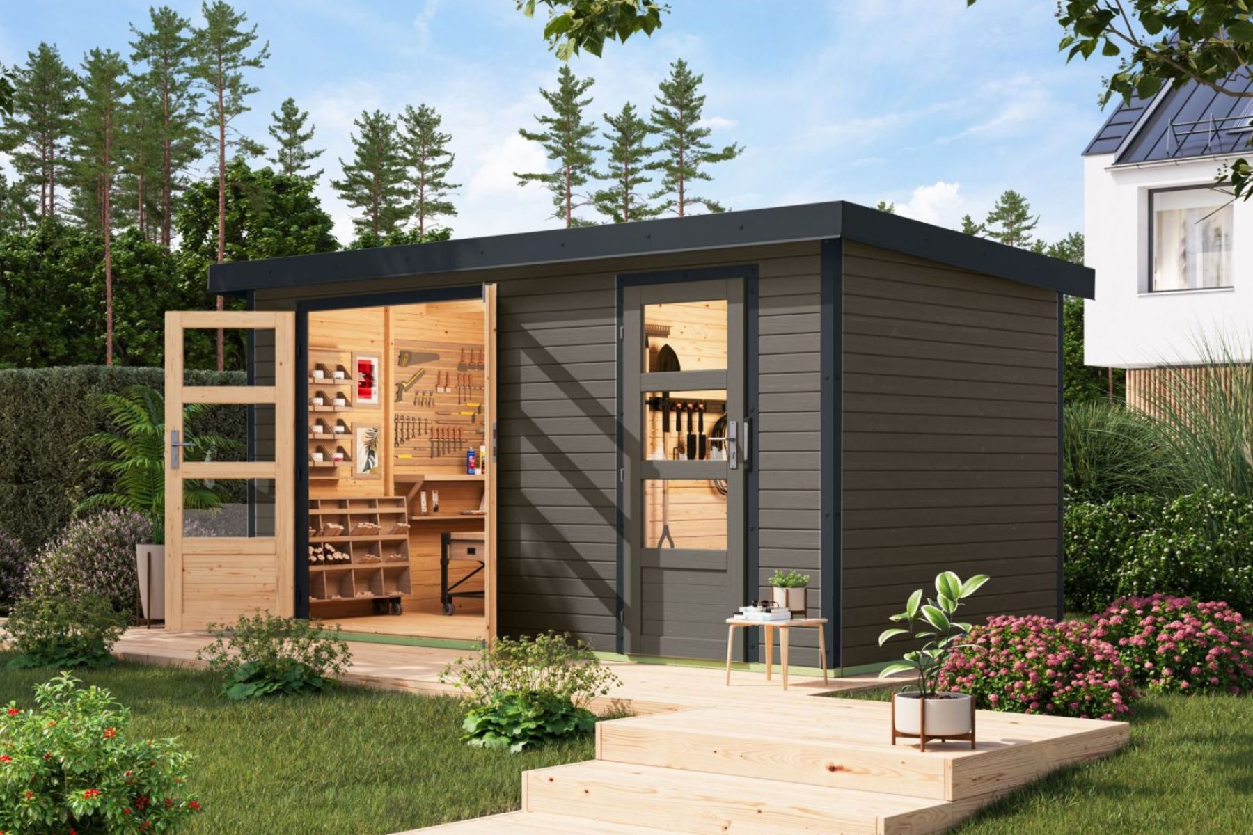 Karibu Holz/Metall Gartenhaus Melia 8,8 m² Grau/Anthrazit
