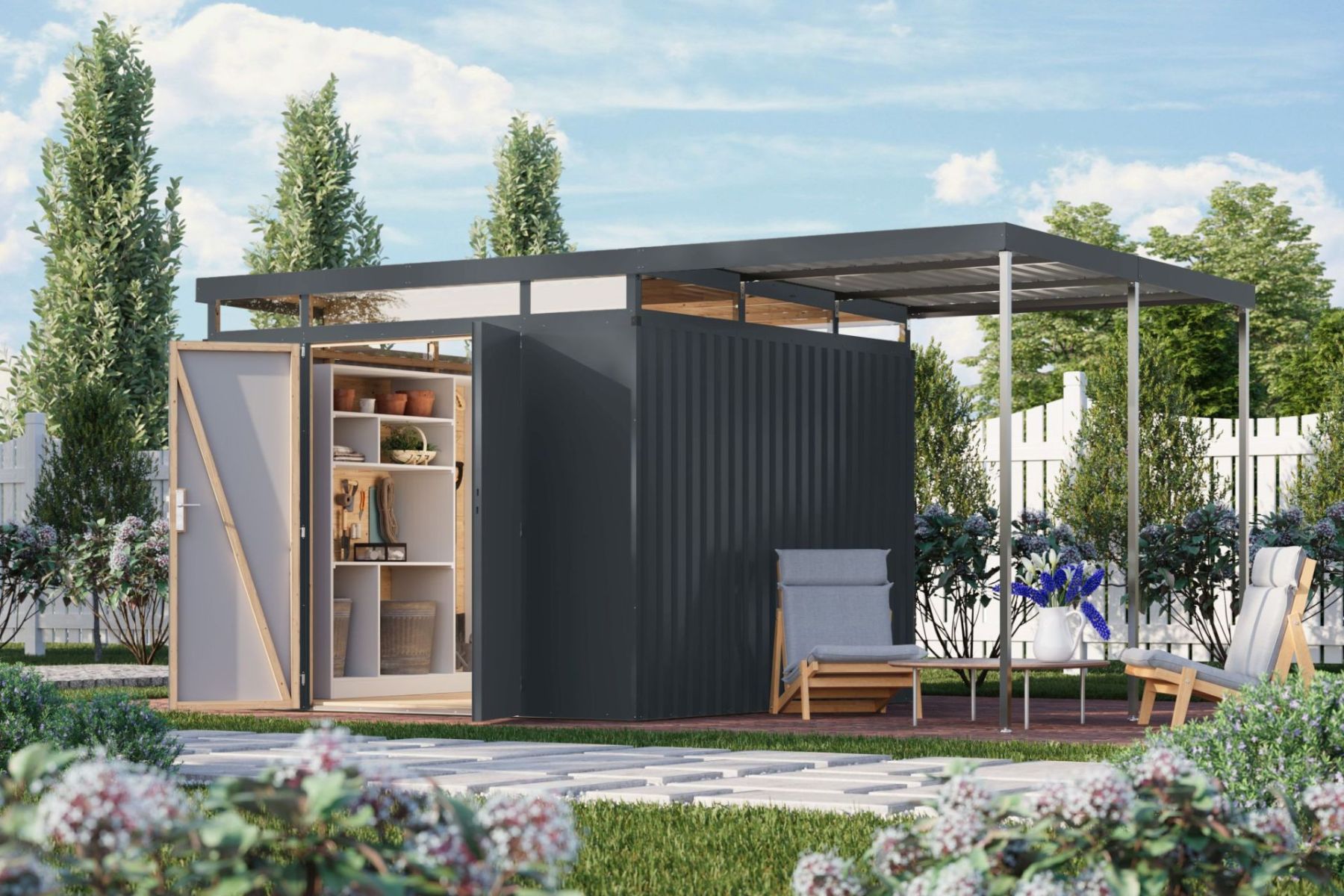 Karibu Metall Gartenhaus Asteria 8,4 m² breit mit Anbau