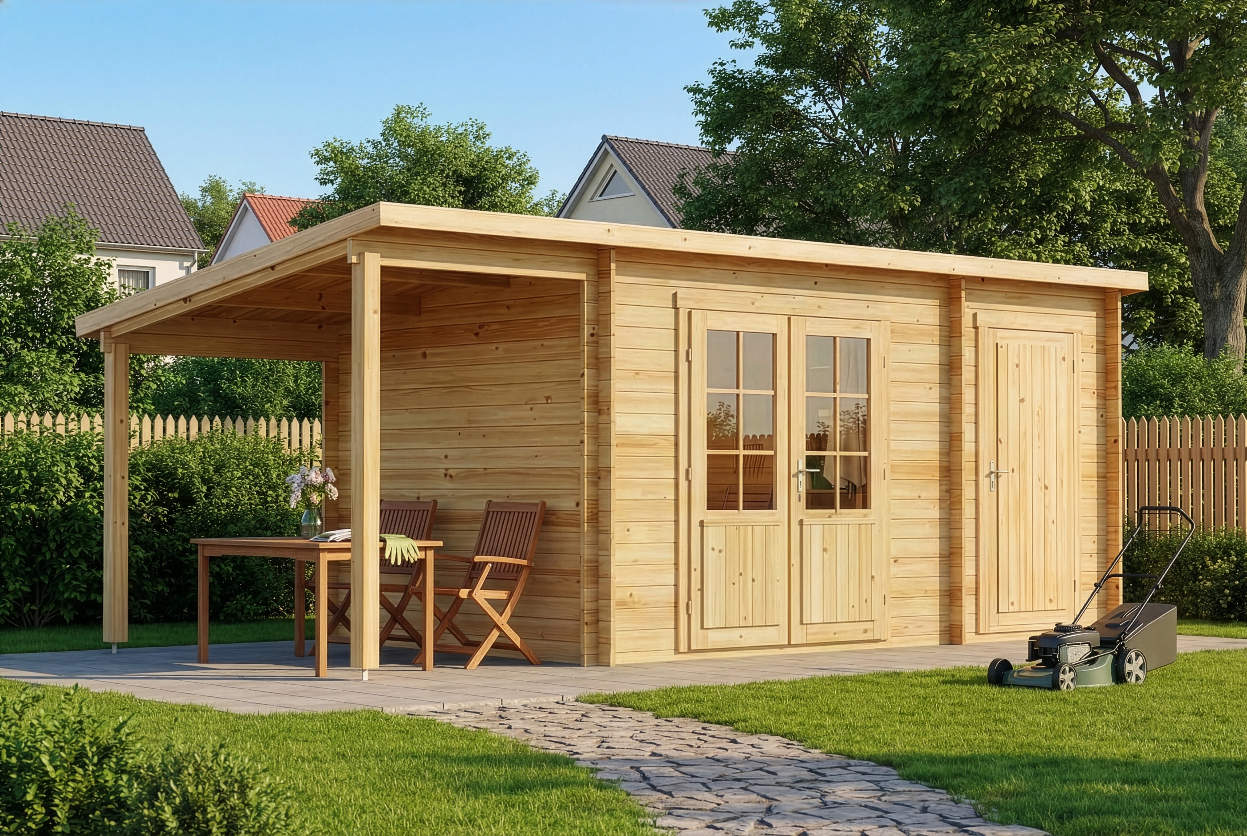 15% Discount! Pultdach Gartenhaus Maria mit Anbau & Schleppdach 15% Discount! Pultdach Gartenhaus Maria mit Anbau & Schleppdach