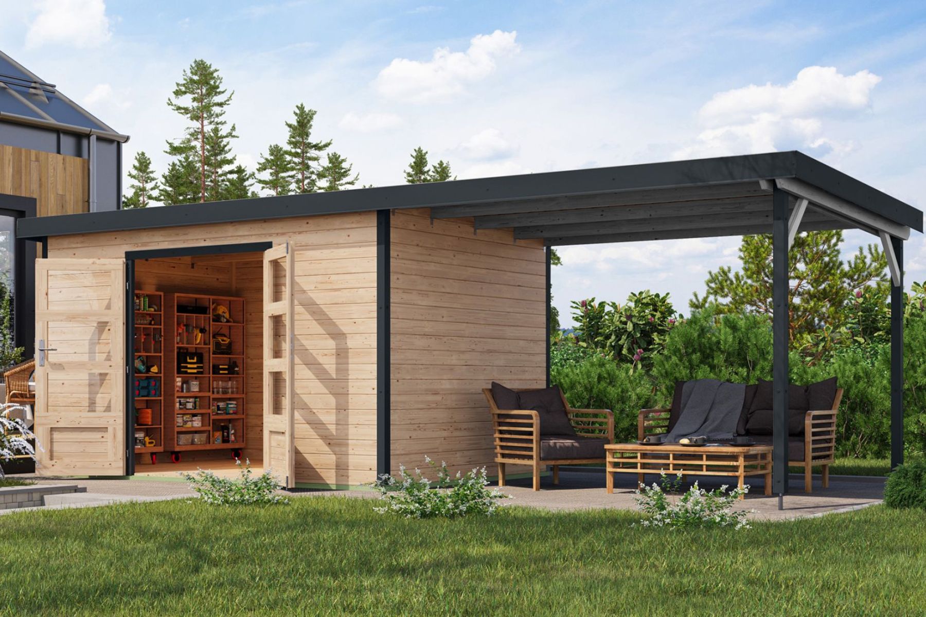 Karibu Holz/Metall Gartenhaus Pleione 8,9 m² mit Anbau Natur/Anthrazit