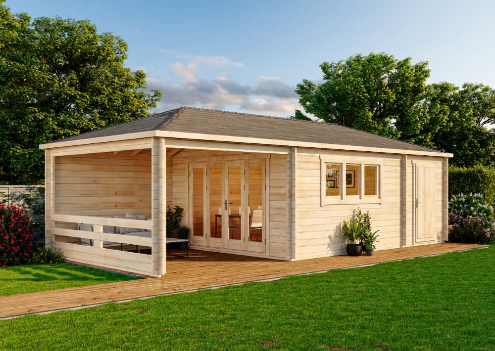 21 % Rabatt: Gartenhaus Modell Montana – 44 mit Anbau 36m²