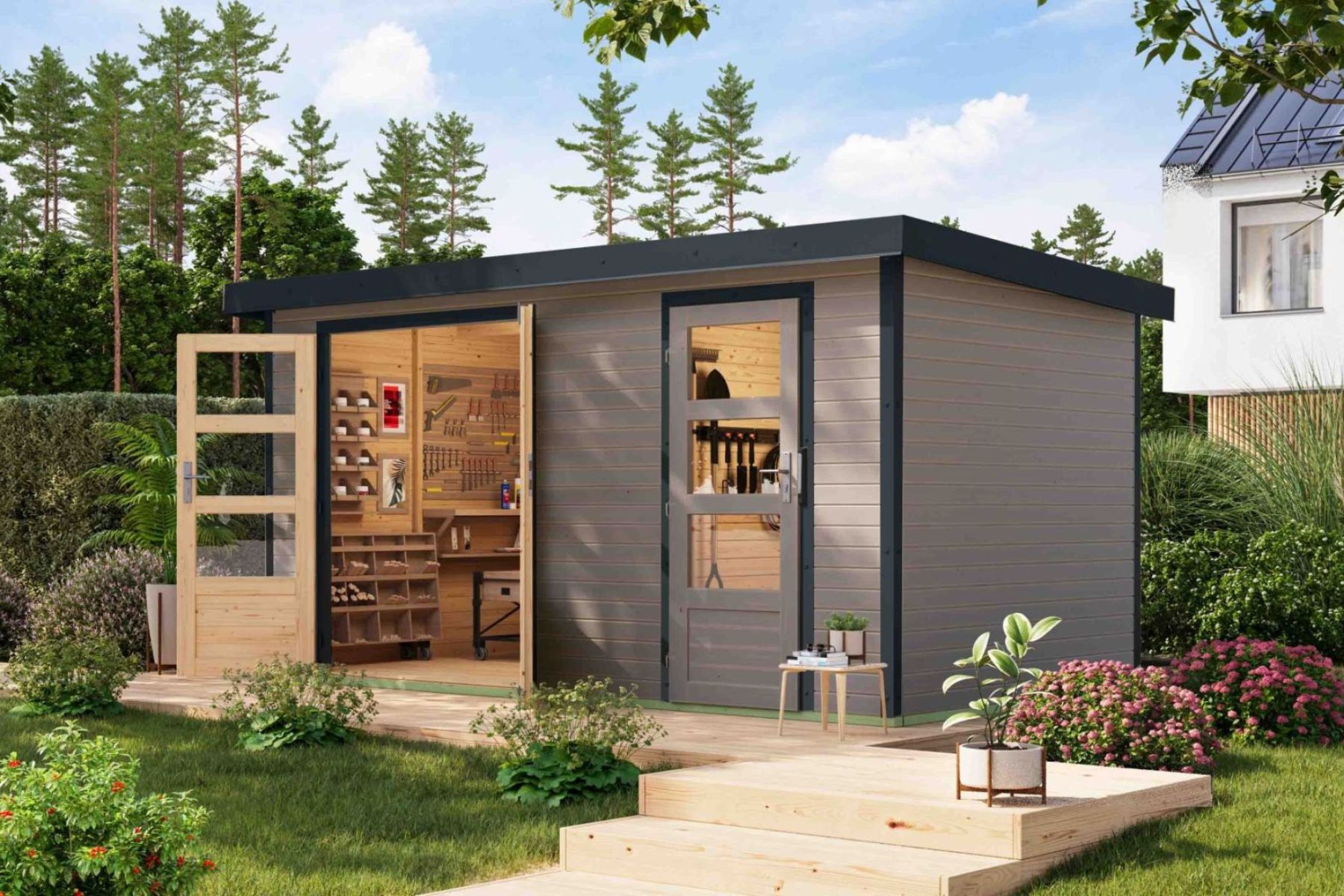 Karibu Holz/Metall Gartenhaus Melia 8,8 m² Hellgrau/Anthrazit