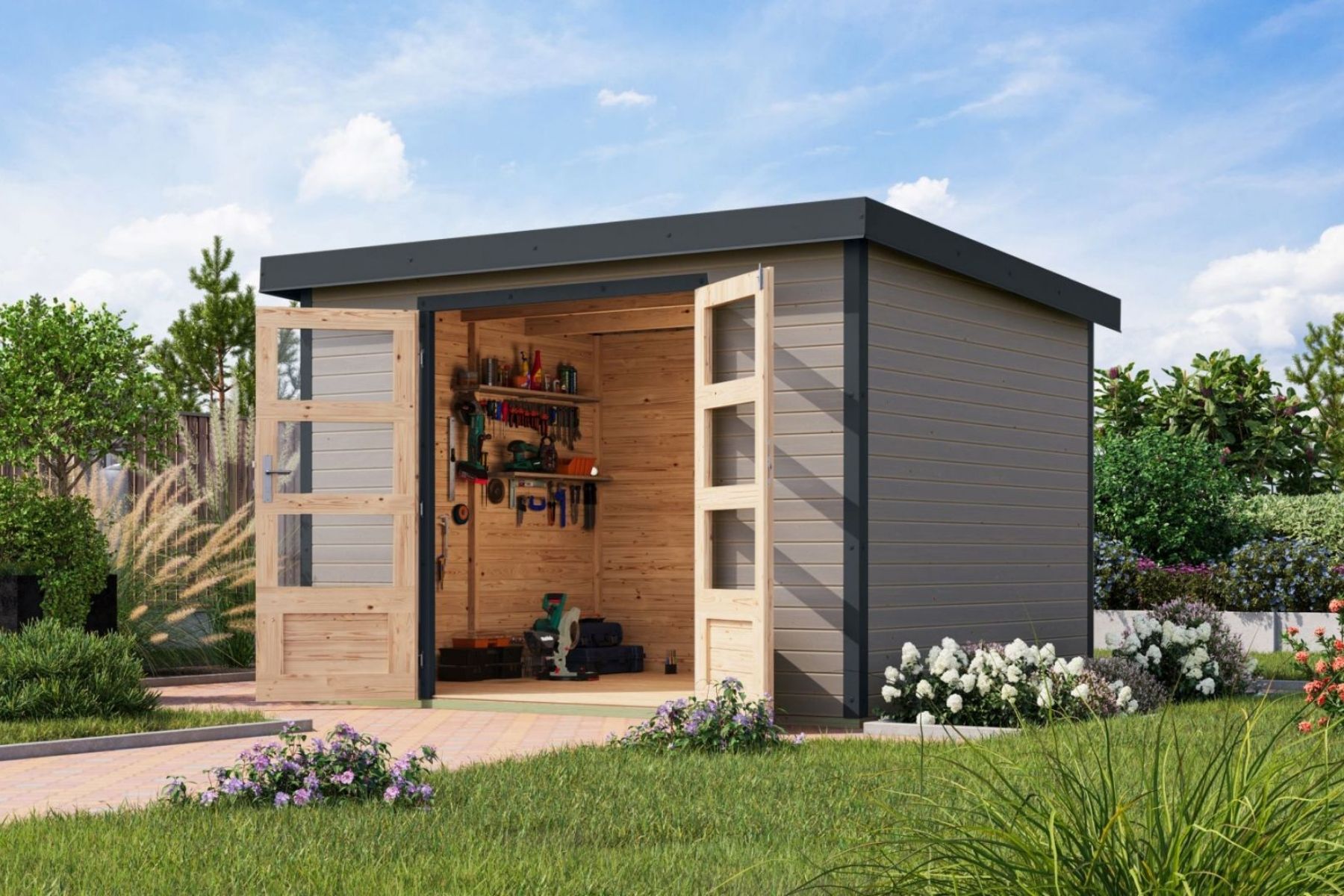 Karibu Holz/Metall Gartenhaus Kalypso 7,3 m² Hellgrau/Anthrazit