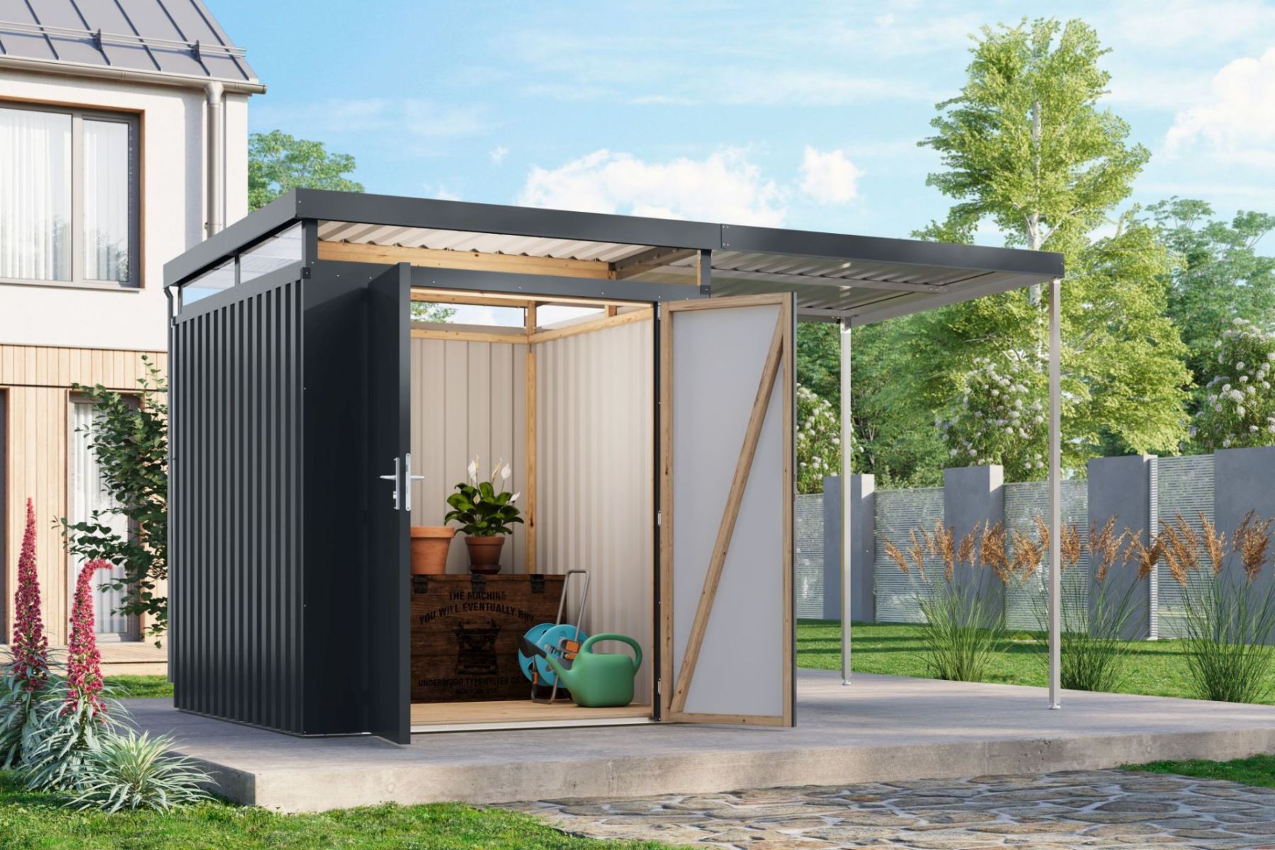 Karibu Metall Gartenhaus Asteria 4,2 m² mit Anbau