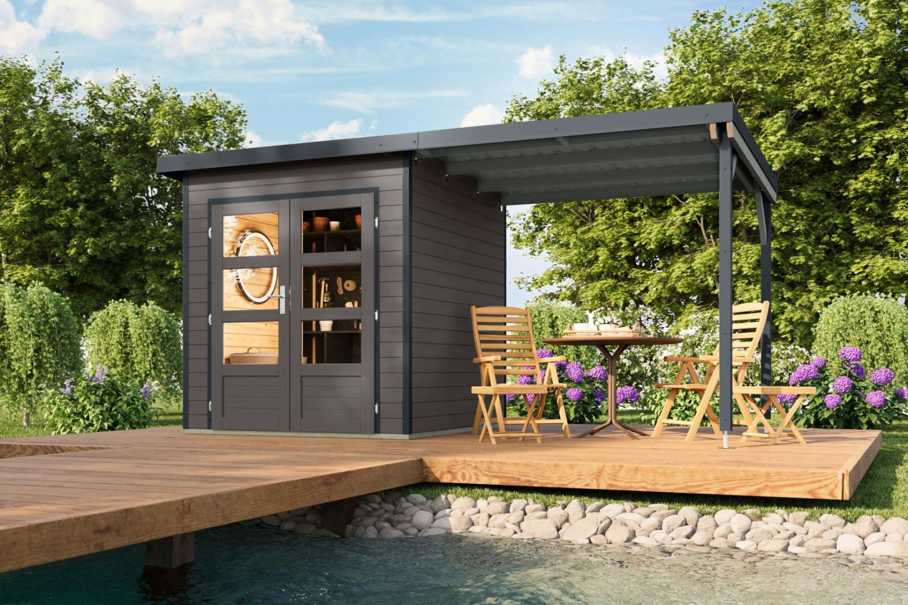 Karibu Holz/Metall Gartenhaus Pleione 4,2 m² mit Anbau Grau/Anthrazit