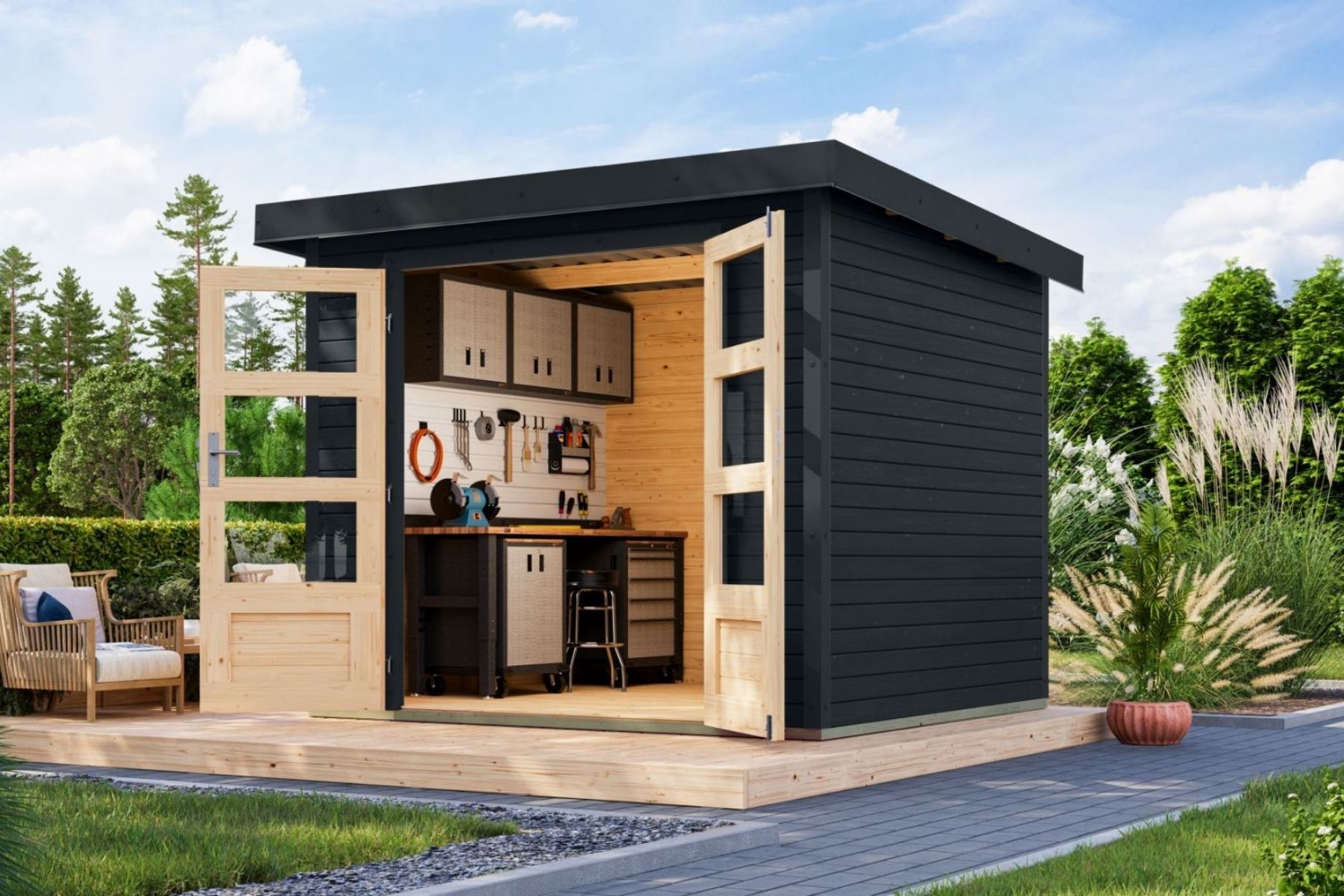 Karibu Holz/Metall Gartenhaus Kalypso 5,3 m² Anthrazit/Anthrazit