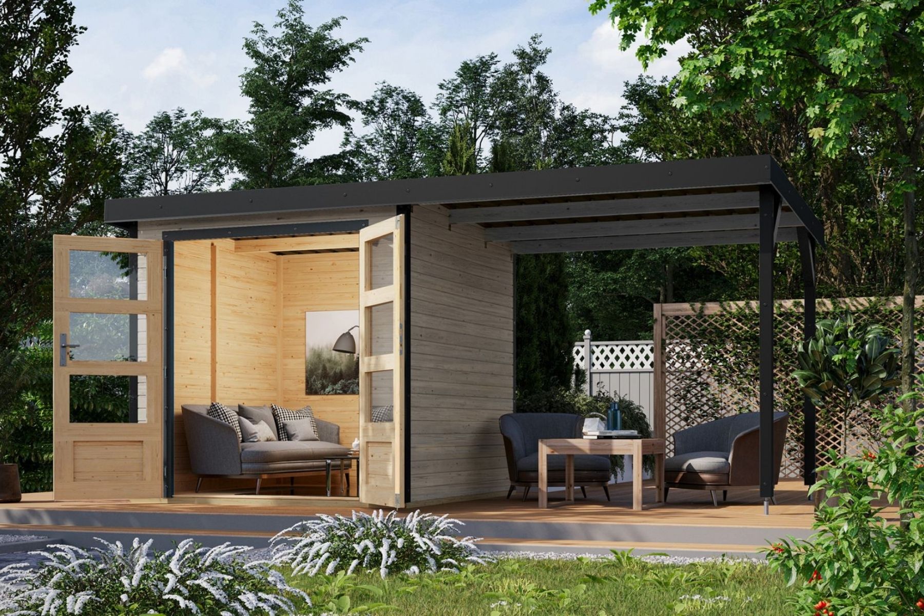 Karibu Holz/Metall Gartenhaus Kalypso 4,6m² mit Anbau Hellgrau/Anthrazit