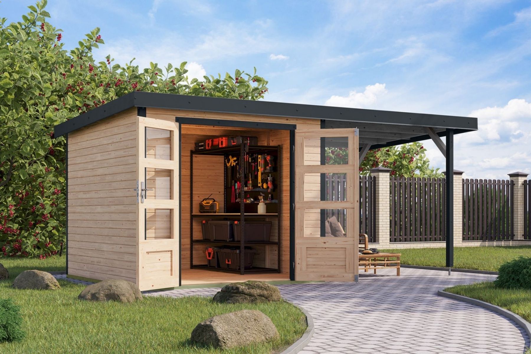 Karibu Holz/Metall Gartenhaus Kalypso 6,6 m² mit Anbau Natur/Anthrazit